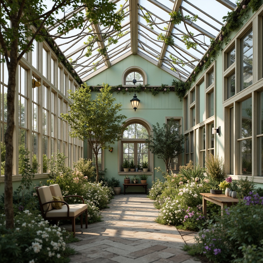 Prompt: Whimsical greenhouse, distressed wood accents, vintage metal frames, soft mint walls, pastel greenery, delicate florals, creamy whites, weathered stone pathways, moss-covered roofs, lace curtains, ornate metal details, warm candlelight, shallow depth of field, 1/1 composition, romantic atmosphere, realistic textures, ambient occlusion.