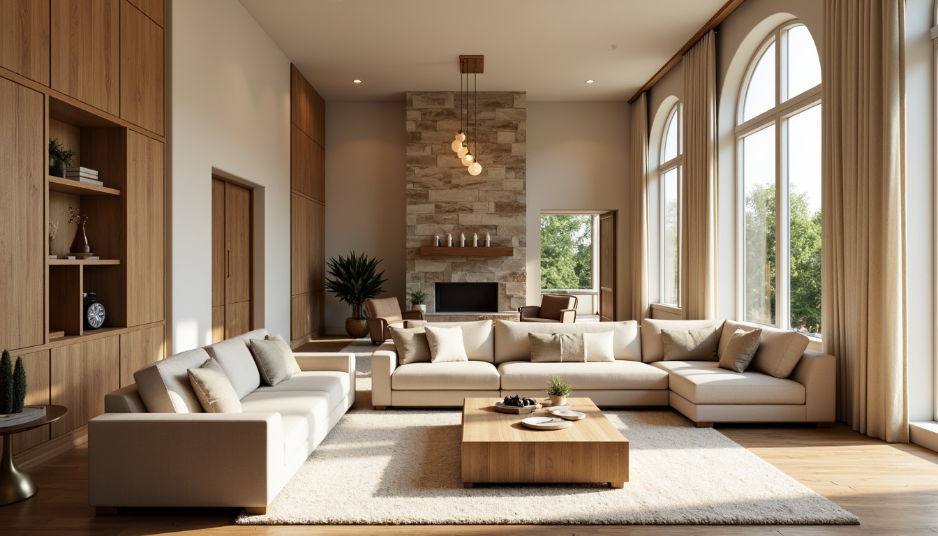 Prompt: Warm beige walls, rich wood accents, soft cream furnishings, plush area rugs, metallic gold lighting fixtures, natural stone fireplaces, elegant white trim, subtle texture combinations, calming neutral tones, inviting open layouts, abundant natural light, 1/1 composition, soft focus, warm atmospheric glow, realistic material reflections.