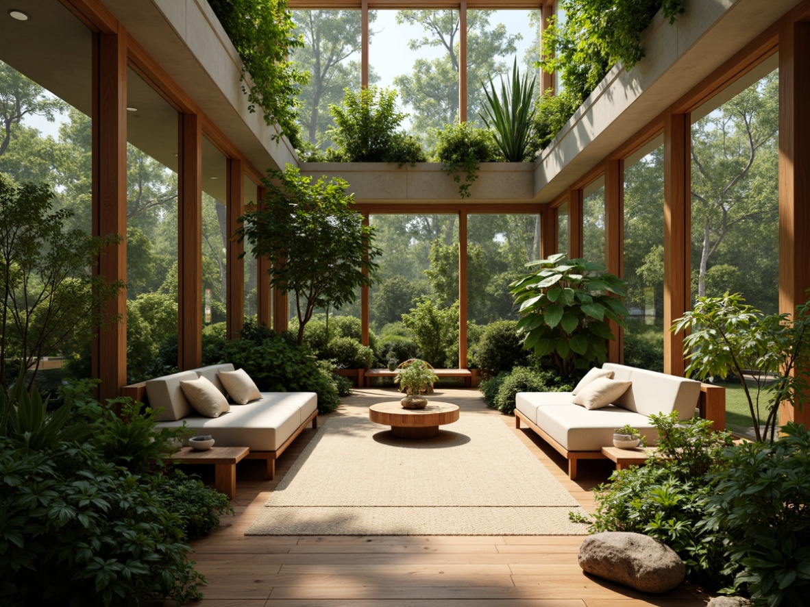 Prompt: Calming interior space, lush greenery, various potted plants, natural wood accents, earthy color palette, soft warm lighting, comfortable seating areas, minimal decor, peaceful atmosphere, air-purifying foliage, calming scents, gentle water features, organic textures, natural fabrics, soothing colors, serene ambiance, relaxing furnishings, healthy air quality, mental wellness focus.