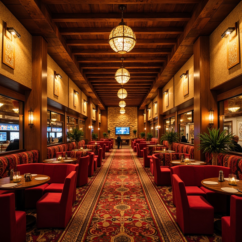 Prompt: Vibrant southwestern casino interior, warm golden lighting, rich wood accents, ornate metal fixtures, colorful tribal patterns, plush velvet upholstery, lavish chandeliers, cozy fireplaces, rustic stone walls, soft ambient glow, dramatic spotlights, warm color temperature, high contrast ratios, cinematic atmosphere, 1/1 composition, shallow depth of field, realistic textures, ambient occlusion.