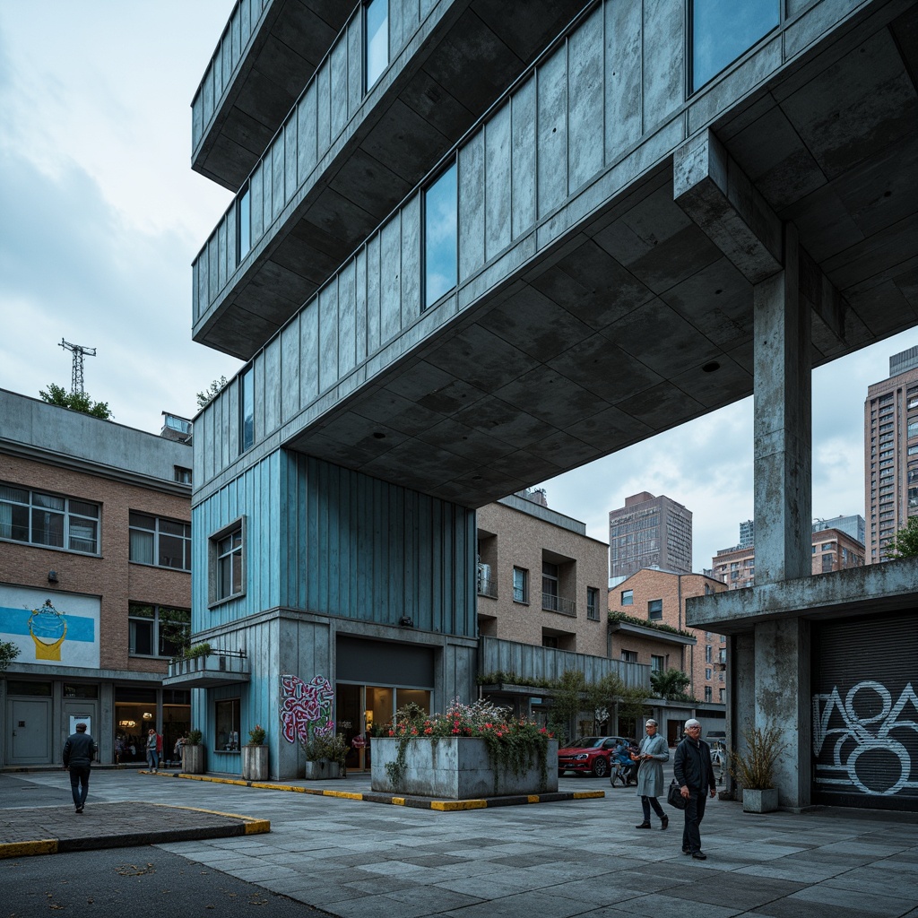 Prompt: Rugged brutalist architecture, light blue accents, exposed concrete, industrial steel beams, distressed textures, urban cityscape, overcast sky, dramatic shadows, high-contrast lighting, abstract graffiti, worn-out wood, metallic pipes, minimalist decor, functional design, structural elements, bold typography, cold tones, desaturated colors, cinematic atmosphere, low-angle shot, 2.35