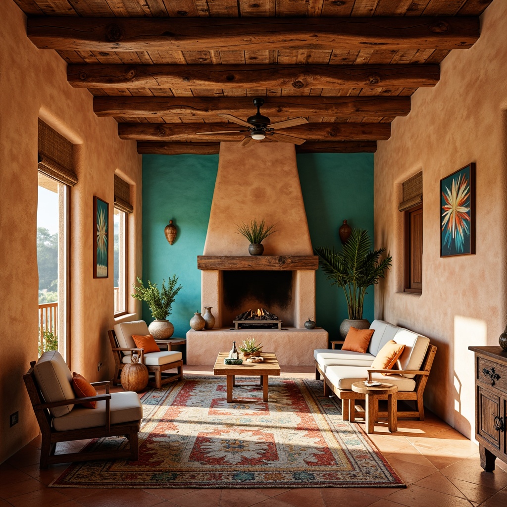 Prompt: Southwestern-themed interior, warm earthy tones, rustic wooden beams, adobe-inspired walls, vibrant turquoise accents, woven textiles, patterned rugs, geometric tile work, natural stone flooring, plush furnishings, soft warm lighting, shallow depth of field, 1/2 composition, realistic textures, ambient occlusion, traditional Native American patterns, colorful pottery, ornate metalwork, cozy fireplaces, wooden ceiling fans.