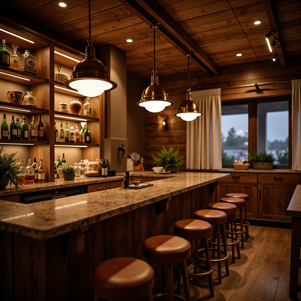 Prompt: Cozy home bar, warm ambiance, rustic wooden decor, soft glowing pendant lights, bronze metal fixtures, dimmable LED strips, warm white tones, subtle ceiling lighting, rich leather stools, polished granite countertops, ambient backlighting, 3/4 composition, shallow depth of field, realistic textures, warm color palette.