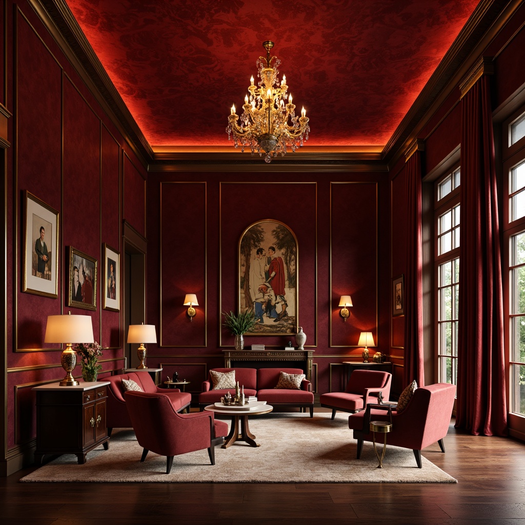 Prompt: Rich maroon walls, luxurious velvet upholstery, warm golden lighting, elegant wooden furniture, ornate metallic accents, sophisticated modern decor, subtle cream undertones, refined rustic textures, dramatic high ceilings, opulent crystal chandeliers, lavish floor-to-ceiling drapes, intimate cozy atmosphere, 1/1 composition, soft box lighting, realistic reflections.