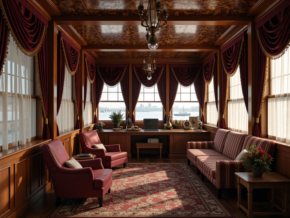 Prompt: Elegant boathouse interior, ornate Victorian decor, plush velvet drapes, tassel-trimmed curtains, intricately patterned wallpaper, rich wood accents, antique furnishings, vintage nautical artifacts, distressed finishes, soft warm lighting, layered window treatments, billowy sheers, floor-to-ceiling drapery, opulent fabrics, subtle texture variations, realistic reflections, detailed trimwork, 1/1 composition, intimate atmosphere, cozy reading nooks.