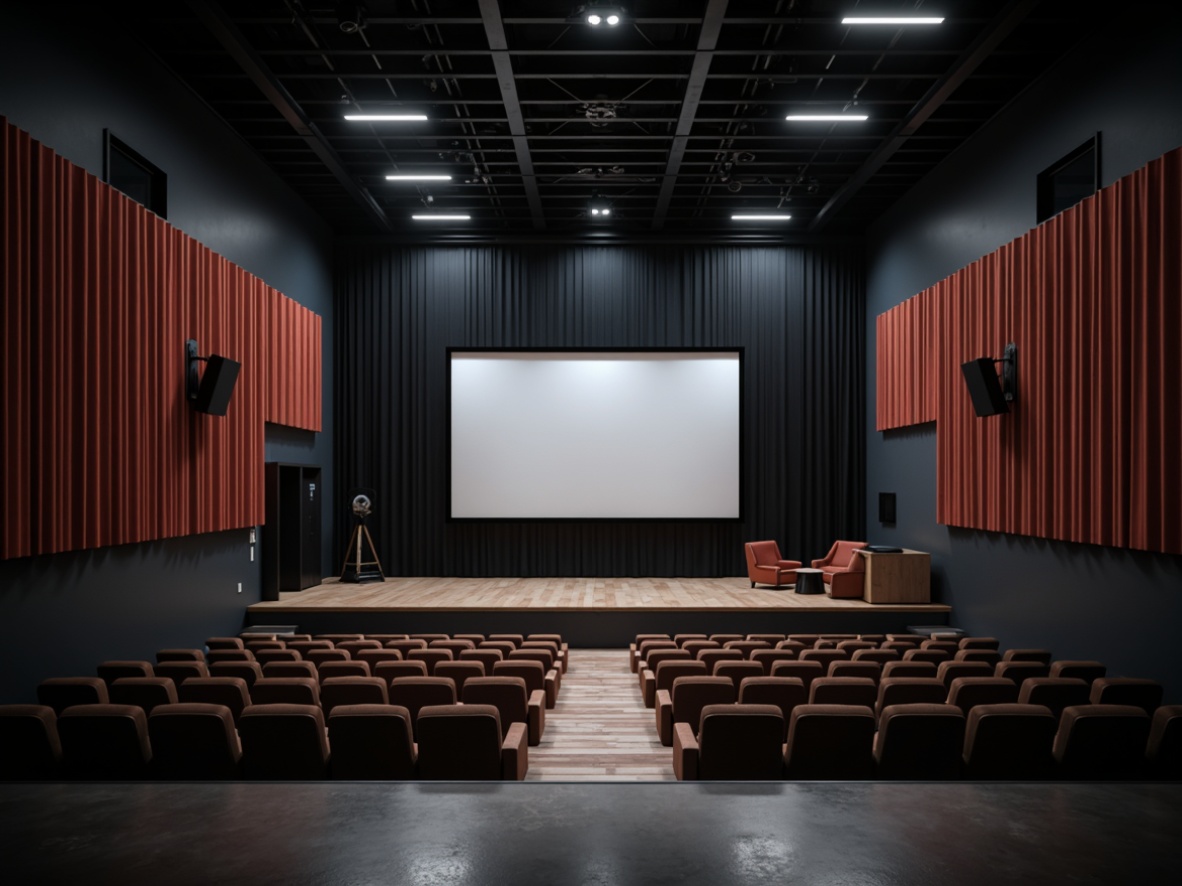 Prompt: Minimalist cinema interior, low-key lighting, dimmable LED strips, sleek black ceiling, polished concrete floors, industrial metal beams, sparse audience seating, silver screen, cinematic camera equipment, dramatic spotlights, subtle color grading, high-contrast shadows, film noir-inspired aesthetic, luxurious velvet curtains, ornate golden accents, atmospheric fog effects, cinematic 2.39 aspect ratio, shallow depth of field, realistic reflections, ambient occlusion.