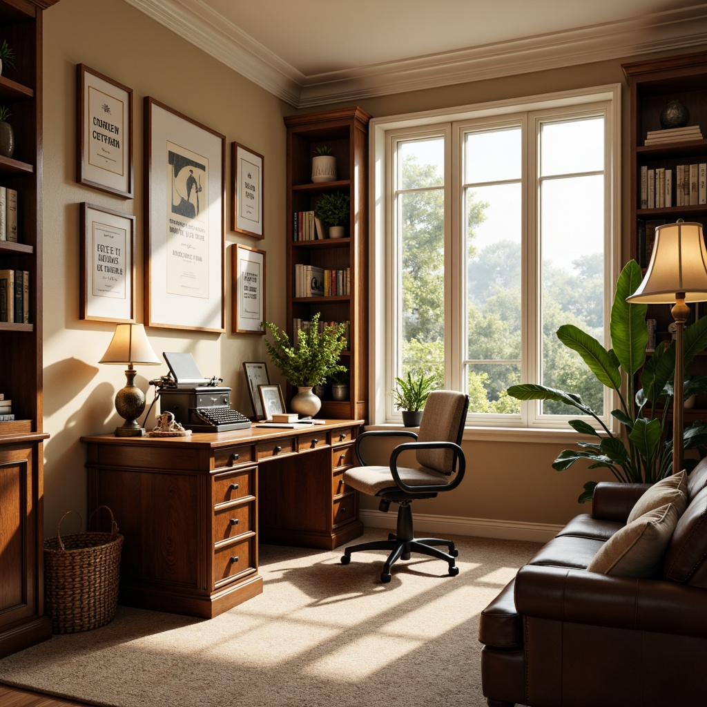 Prompt: Cozy home office, wooden desk, comfortable ergonomic chair, bookshelves, floor lamps, warm beige walls, soft carpeting, classic leather sofa, vintage typewriter, framed academic certificates, motivational quotes, green plants, natural light, large windows, calming color palette, subtle texture overlays, shallow depth of field, 1/1 composition, realistic render, ambient occlusion.