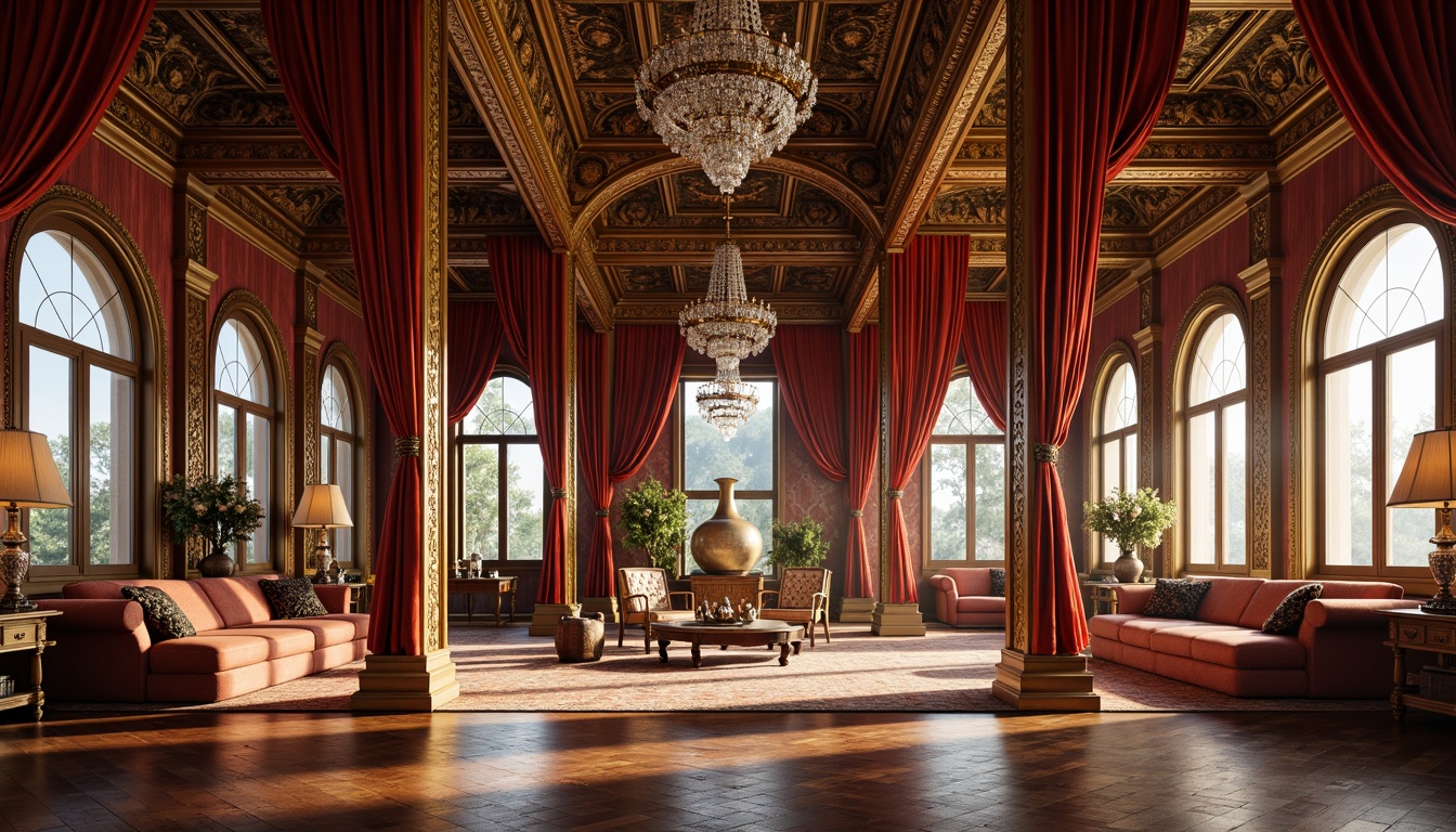 Prompt: Ornate pavilion, lavish furnishings, velvet drapes, gilded frames, intricately carved wooden accents, ornamental mirrors, crystal chandeliers, rich jewel-toned fabrics, golden leaf patterns, curved lines, grandiose scale, opulent textures, warm soft lighting, shallow depth of field, 1/1 composition, symmetrical view, realistic reflections, ambient occlusion.