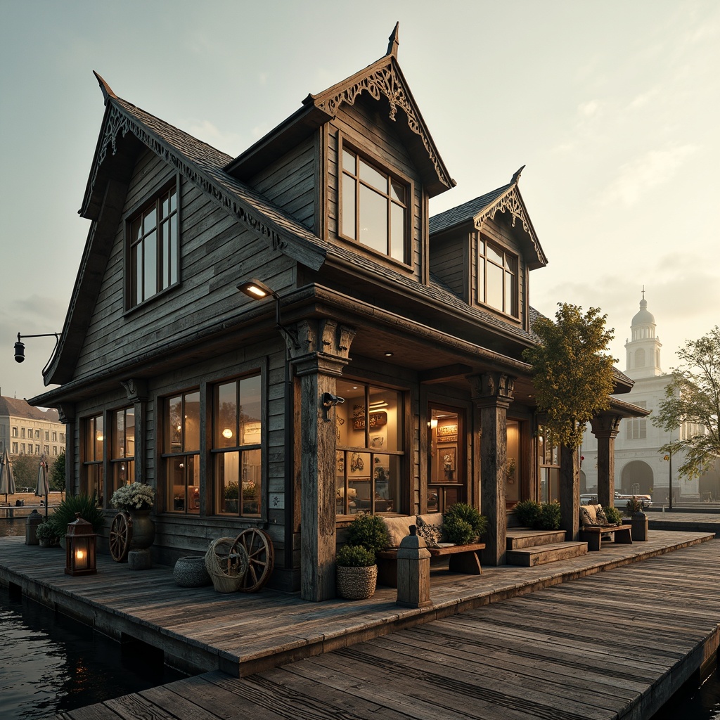 Prompt: Weathered wooden dock, ornate Victorian boathouse, intricate gingerbread trim, steeply pitched roof, dormer windows, decorative gables, rustic wooden beams, distressed finishes, vintage nautical accents, antique boat wheels, fishing nets, seashells, lantern-style lighting, warm golden lighting, misty morning atmosphere, shallow depth of field, 1/1 composition, realistic textures, ambient occlusion.