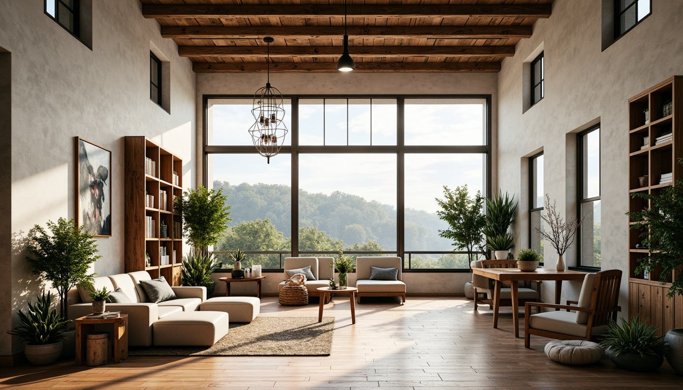 Prompt: Airy living room, high ceilings, large windows, natural light pouring in, wooden flooring, minimal decor, neutral color palette, comfortable seating areas, lush greenery, potted plants, open shelving units, rustic wooden accents, industrial metal beams, modern chandeliers, soft warm lighting, shallow depth of field, 3/4 composition, panoramic view, realistic textures, ambient occlusion.