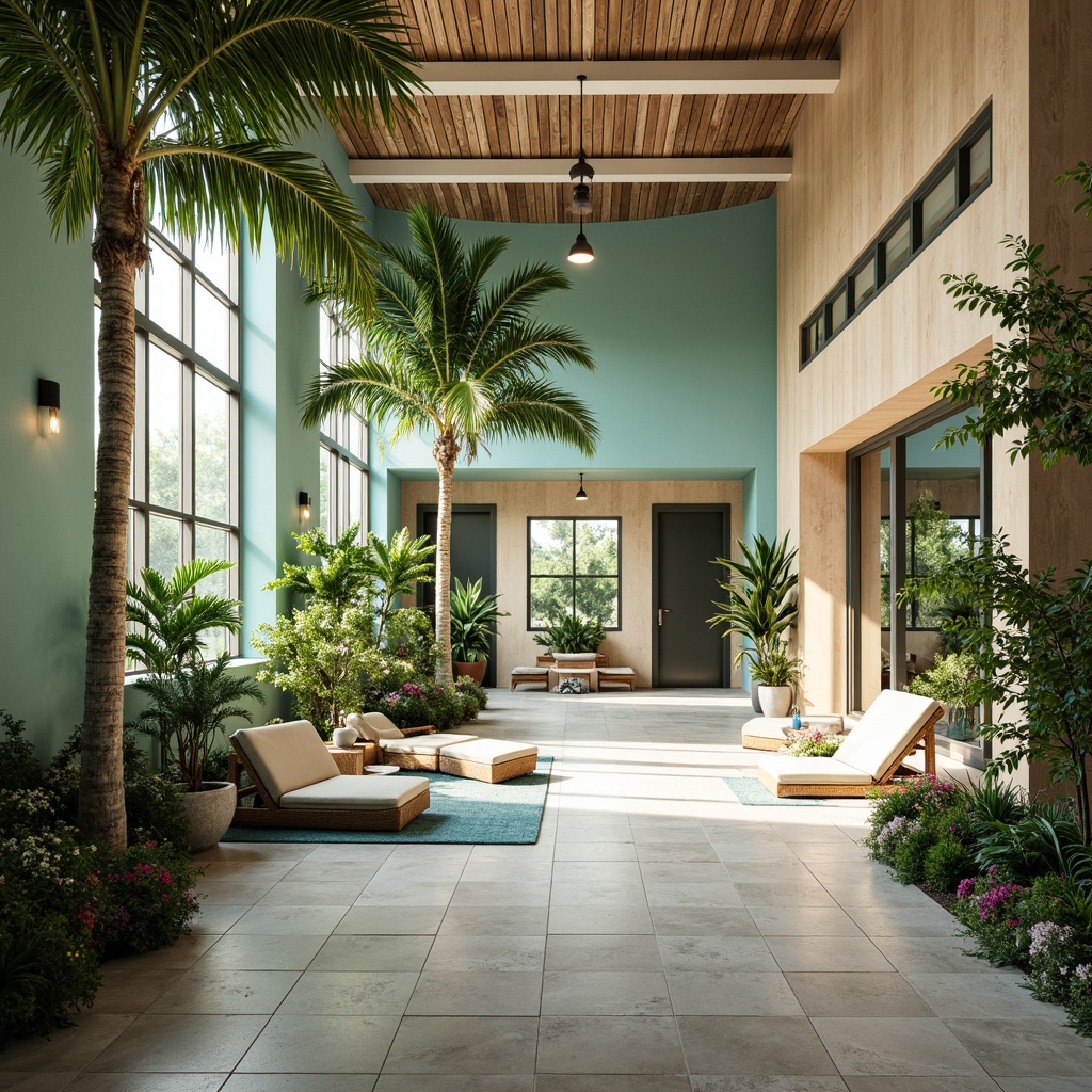 Prompt: Vibrant tropical healthcare center, calming oceanic hues, soothing greens, blues and whites, natural wood accents, wicker furniture, lush palm trees, exotic floral arrangements, warm sunny lighting, shallow depth of field, 3/4 composition, realistic textures, ambient occlusion, airy open spaces, minimal decor, organic shapes, earthy tones, refreshing aquatic colors, seaside-inspired patterns.