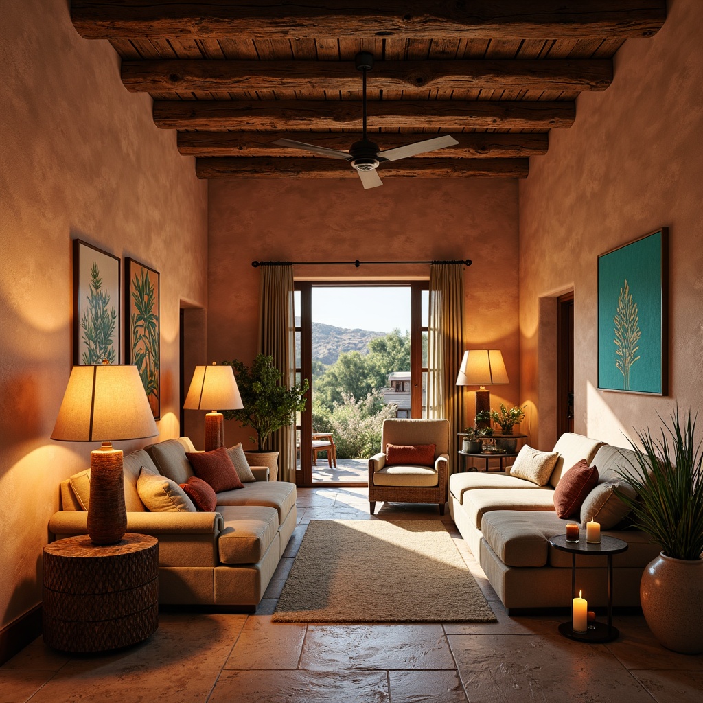 Prompt: Warm and inviting southwestern interior, rustic wooden beams, earthy clay tones, woven textiles, vibrant turquoise accents, soft warm lighting, table lamps with natural linen shades, floor lamps with wrought iron details, candlelight ambiance, cozy reading nooks, plush area rugs, adobe-style architecture, exposed stone walls, comfortable sectional sofas, natural fiber upholstery, desert botanical prints, warm beige color palette, soft shadows, 1/1 composition, realistic textures, ambient occlusion.