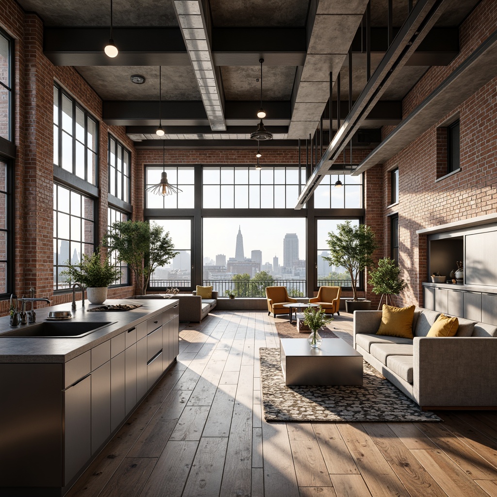 Prompt: Exposed brick walls, metal beams, reclaimed wood floors, industrial-style lighting fixtures, modern minimalist decor, urban cityscape views, concrete countertops, stainless steel appliances, sleek modular furniture, geometric patterns, functional shelving units, airy open spaces, natural light pouring in, shallow depth of field, 3/4 composition, realistic textures, ambient occlusion.