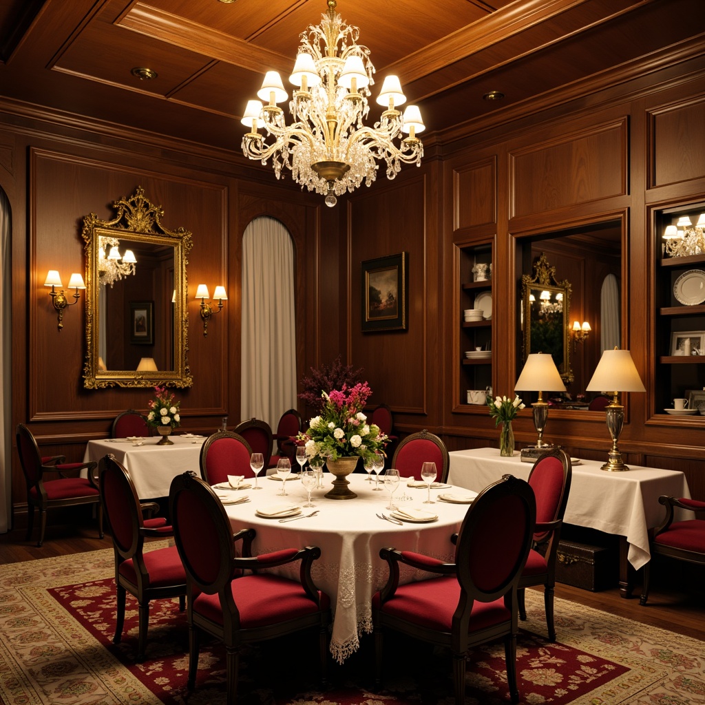 Prompt: Traditional dining room, ornate wooden furniture, luxurious velvet upholstery, crystal chandeliers, elegant candelabras, lace tablecloths, fine china cabinets, intricately carved mirrors, rich wood paneling, warm golden lighting, soft focus, shallow depth of field, 1/2 composition, harmonious color palette, subtle textures, realistic reflections.