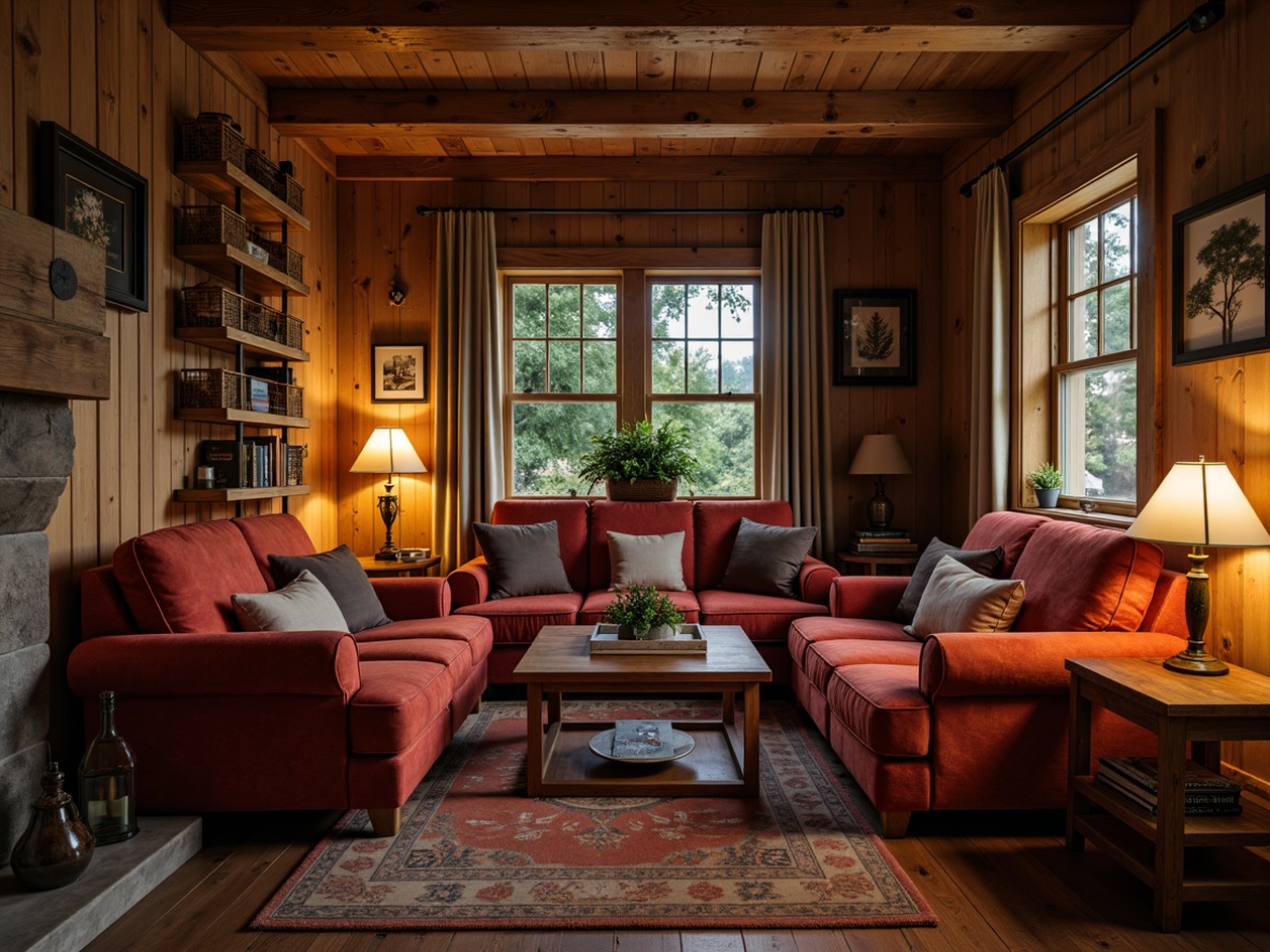 Prompt: Rustic wooden furniture, plush velvet upholstery, warm earthy tones, cozy reading nook, vintage metal lamps, distressed wood accents, natural stone fireplace, woven wicker baskets, soft candlelight, tranquil ambiance, 3/4 composition, shallow depth of field, realistic textures, ambient occlusion.