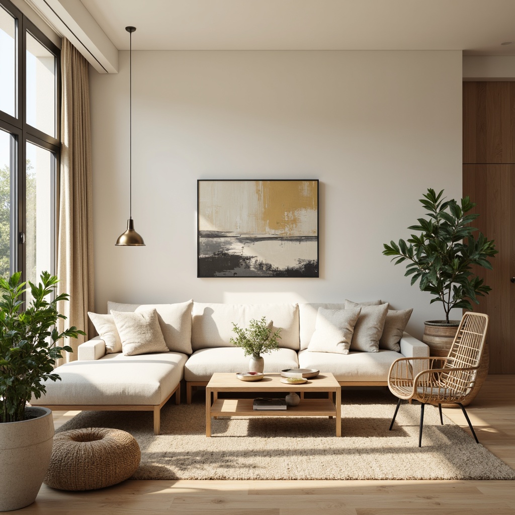 Prompt: Cozy living room, plush sectional sofa, natural wood coffee table, woven basket chairs, soft cream-colored walls, warm beige carpet, floor-to-ceiling windows, minimalist decor, modern abstract artwork, sleek metal lighting fixtures, greenery-filled planters, tranquil ambiance, softbox lighting, shallow depth of field, 1/1 composition, realistic textures.