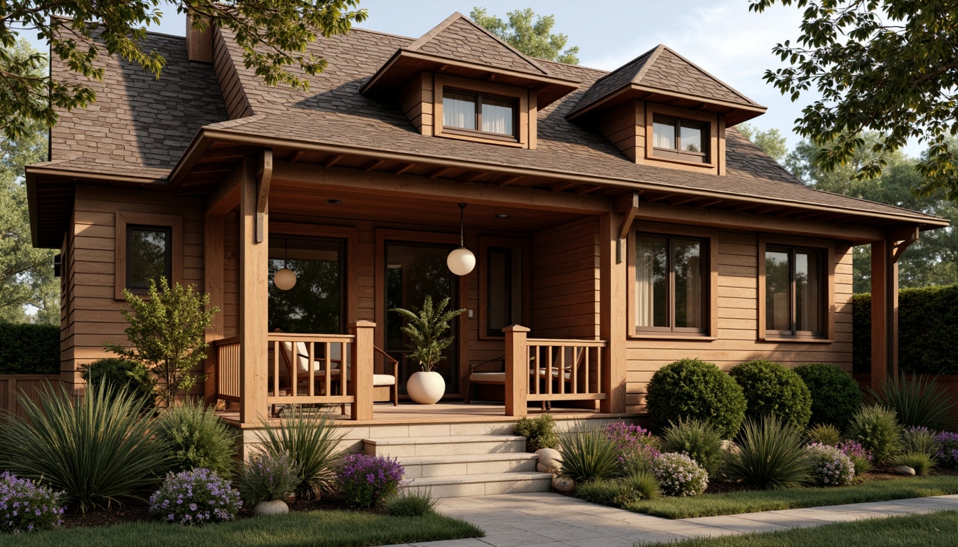 Prompt: Warm craftsman bungalow, earthy color palette, wooden accents, rustic brick exterior, sloping rooflines, dormer windows, cozy porch, pendant lanterns, bronze metal fixtures, warm white lighting, soft ambient glow, natural textures, woven fibers, organic patterns, 3/4 composition, shallow depth of field, warm afternoon light, realistic wood grains.