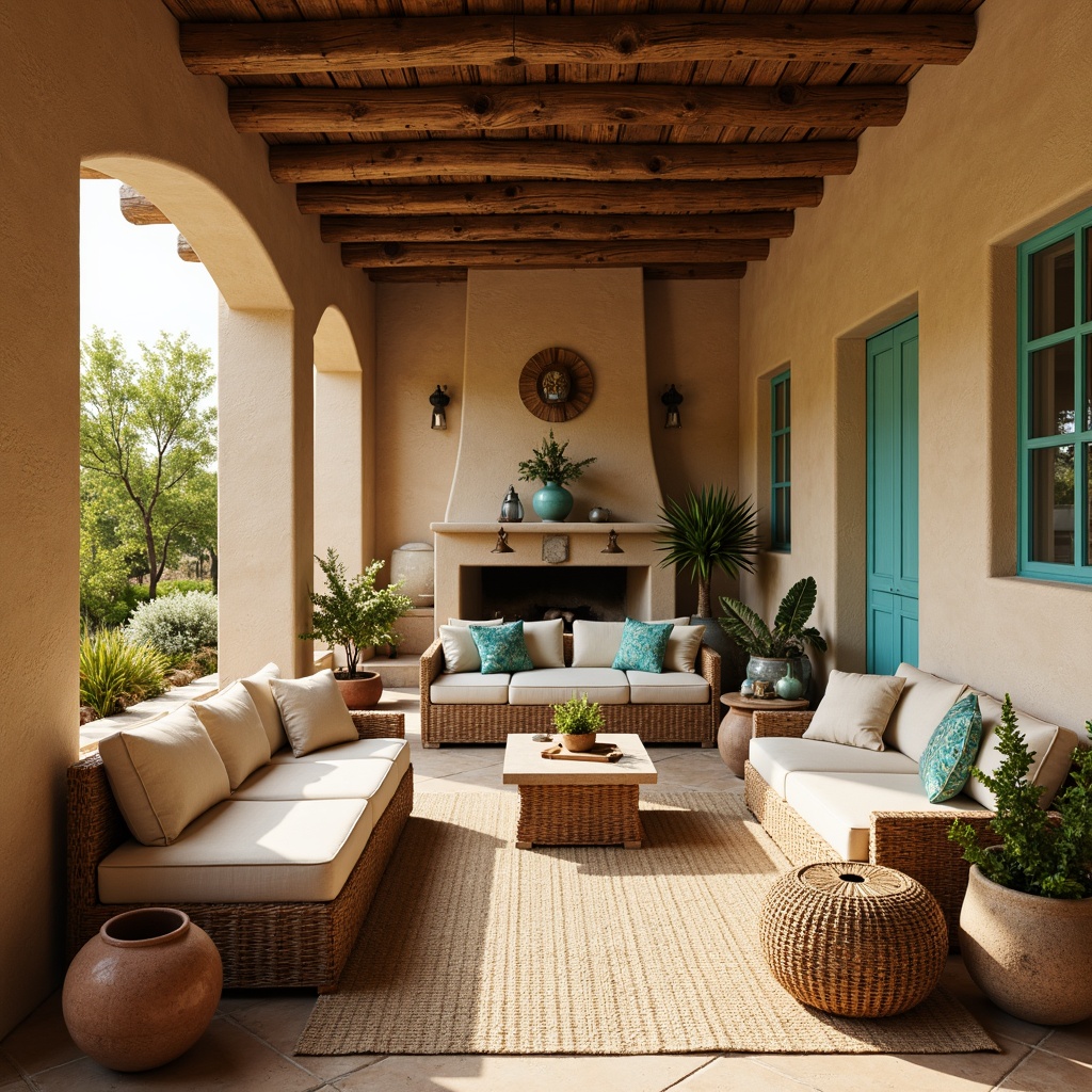 Prompt: Southwestern-style interior, warm beige stucco walls, rustic wooden beams, vibrant turquoise accents, natural linen fabrics, woven wicker furniture, earthy terracotta pottery, lush greenery, floor-to-ceiling windows, soft warm lighting, indirect sunlight, shallow depth of field, 3/4 composition, realistic textures, ambient occlusion, warm afternoon ambiance.