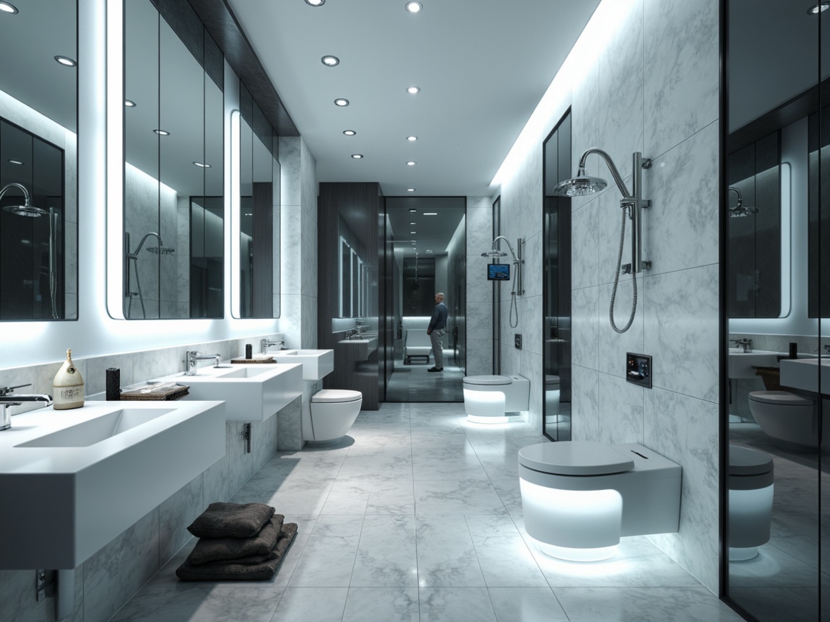 Prompt: Futuristic bathroom, sleek metallic fixtures, LED lights, glossy white countertops, minimalist sink designs, wall-mounted toilets, futuristic shower systems, rain showerheads, body sprays, handheld showerheads, temperature control panels, heated floors, ambient lighting, mirrored cabinets, frosted glass doors, modern faucets, sensor-activated flushing, automatic toilet seat covers, high-tech bathroom accessories, gleaming chrome finishes, geometric tile patterns, 3/4 composition, shallow depth of field, realistic reflections.