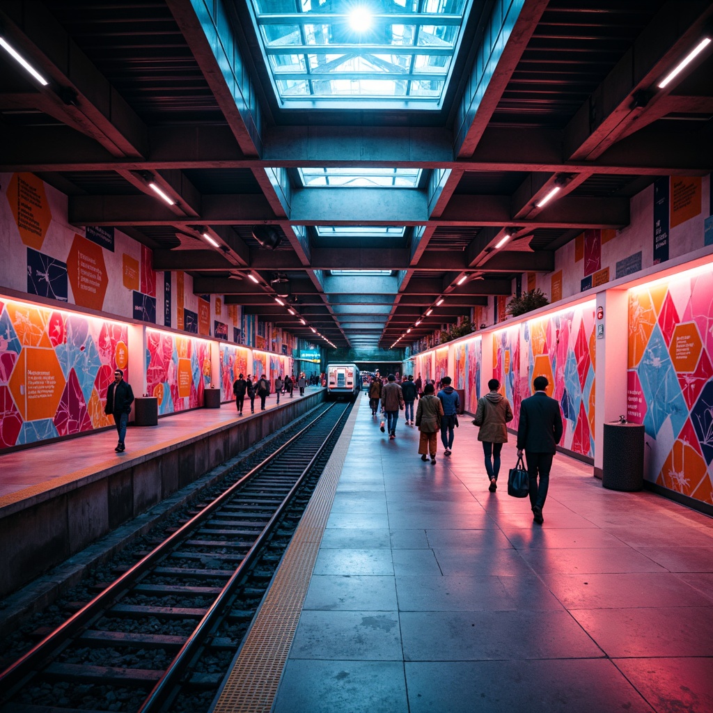 Prompt: Vibrant underground metro station, modern urban architecture, sleek steel beams, polished concrete floors, dynamic LED lighting, bold color scheme, bright accents, futuristic ambiance, crowded platforms, rushing commuters, morning rush hour, soft warm glow, shallow depth of field, 1/1 composition, realistic textures, ambient occlusion.