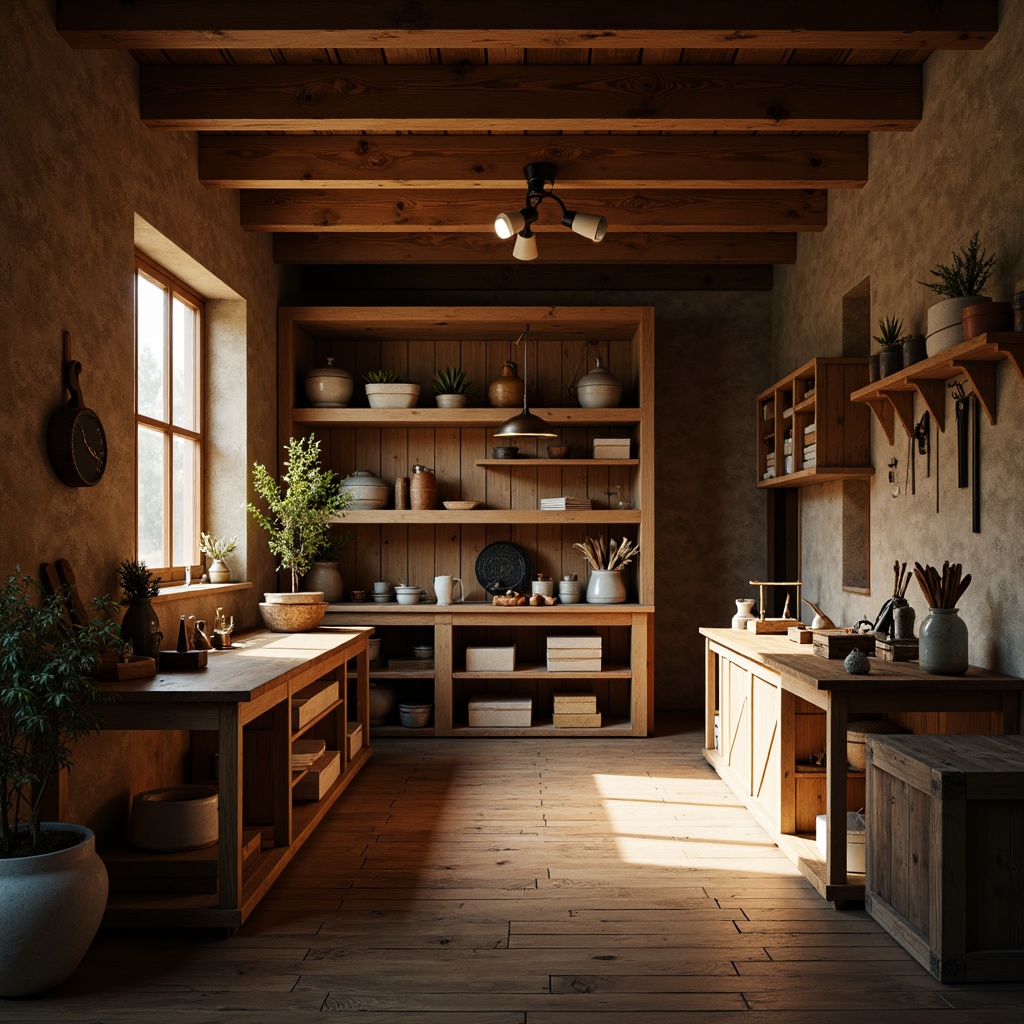 Prompt: Rustic wooden workshop, mauve-inspired color scheme, earthy tones, natural textures, wooden crates, vintage tools, distressed finishes, warm golden lighting, soft focus, shallow depth of field, 2/3 composition, realistic wood grain, ambient occlusion, cozy atmosphere, traditional craftsmanship, nostalgic feel.