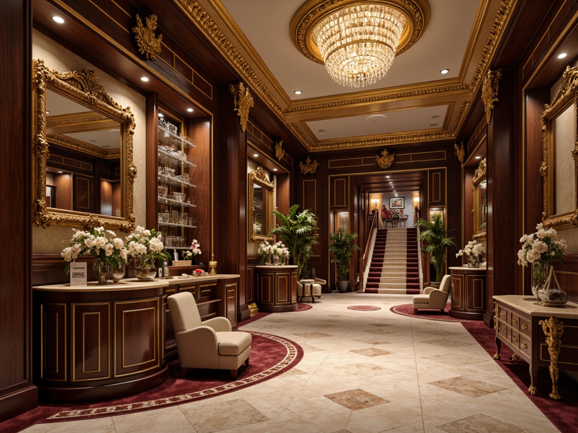 Prompt: Elegant chandeliers, ornate mirrors, rich wood paneling, luxurious fabrics, intricate carvings, grand staircases, crystal glassware, refined china cabinets, polished marble floors, lavish furnishings, velvet drapes, golden accents, soft warm lighting, shallow depth of field, 1/1 composition, realistic textures, ambient occlusion.