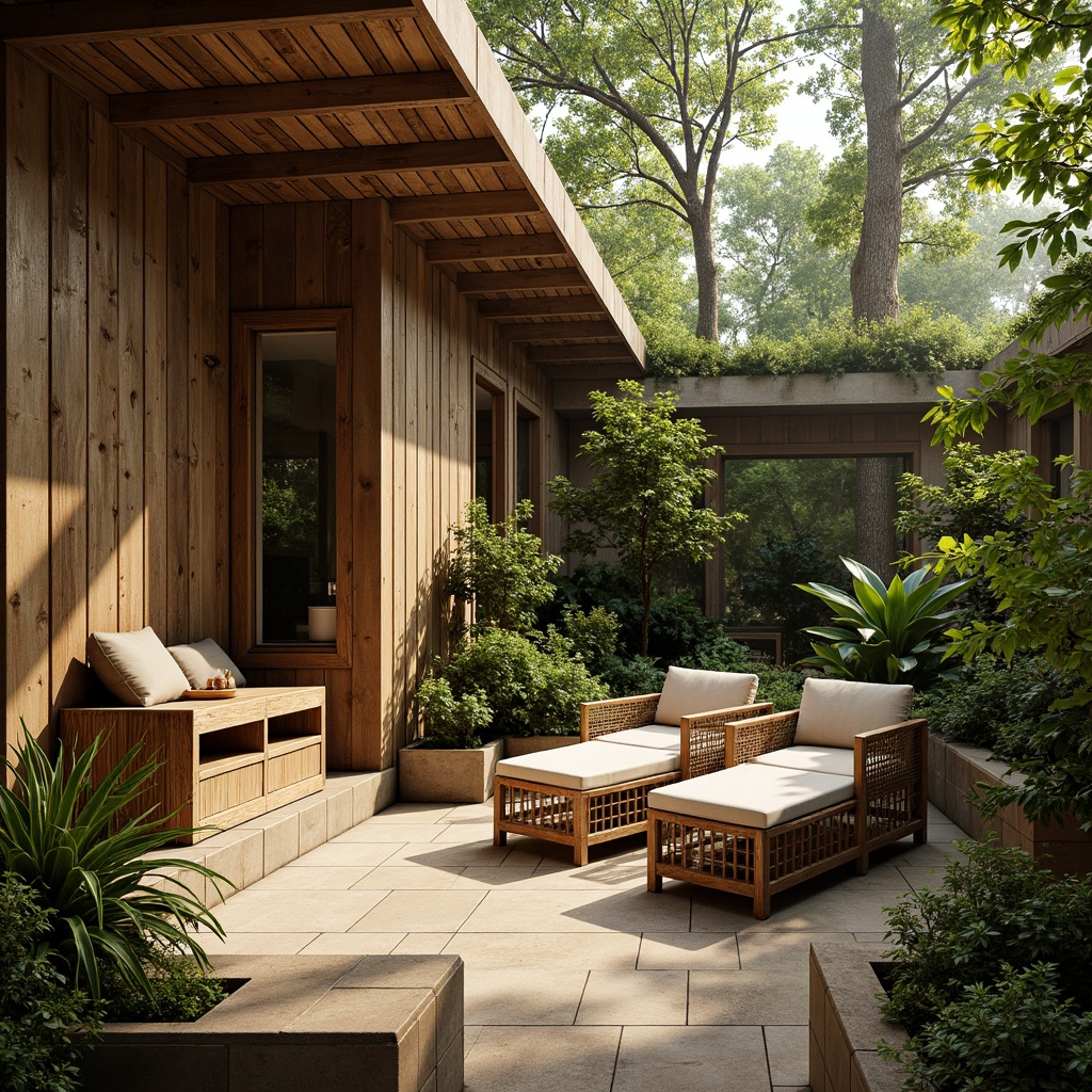 Prompt: Earthy tone, reclaimed wood accents, natural stone walls, bamboo flooring, living green roofs, lush vegetation, organic shapes, woven textiles, rattan furniture, earthy color palette, warm lighting, soft shadows, 3/4 composition, shallow depth of field, realistic textures, ambient occlusion.