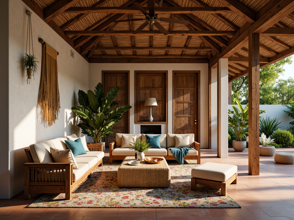 Prompt: Rustic tropical farmhouse, reclaimed wood accents, natural stone walls, earthy terracotta floors, woven bamboo ceilings, rattan furniture, lush greenery, vibrant floral patterns, colorful ceramic tiles, distressed metal decor, vintage wooden doors, natural linen fabrics, soft warm lighting, shallow depth of field, 1/2 composition, realistic textures, ambient occlusion.