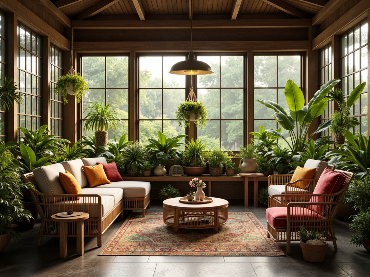 Prompt: Cozy sunroom, lush greenery, natural stone flooring, large windows, soft warm lighting, comfortable wicker furniture, vibrant colorful throw pillows, rustic wooden accents, earthy tone decorations, hanging plants, tropical patterns, ambient textures, shallow depth of field, 1/1 composition, serene atmosphere.