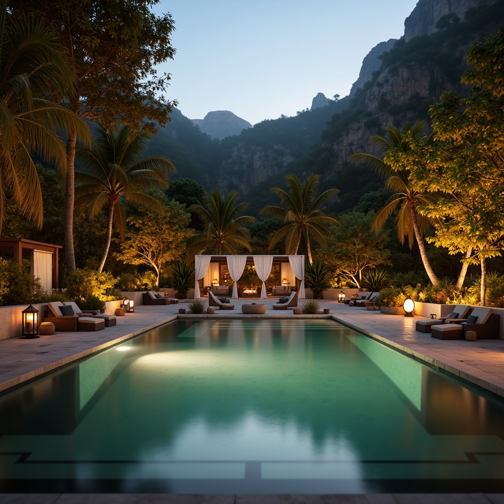 Prompt: Serene poolside ambiance, warm golden lighting, lantern-style lamps, subtle water features, natural stone surrounds, lush greenery, tropical plants, wooden decking, minimalist furnishings, gentle breeze, soft focus, shallow depth of field, 1/2 composition, warm color tones, softbox lighting, ambient occlusion.