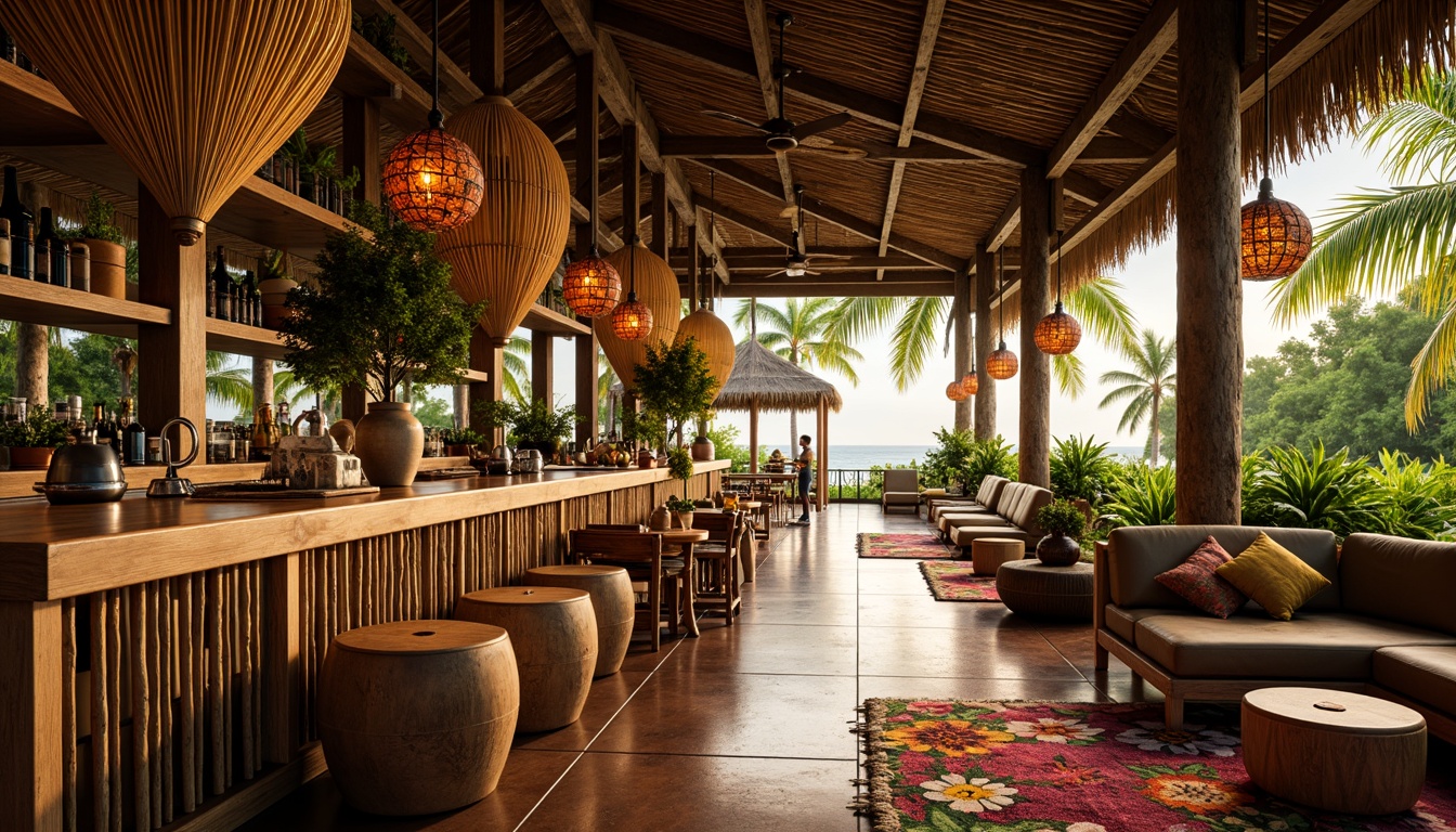 Prompt: Tropical bar interior, exotic wooden accents, rattan furniture, woven textiles, vibrant greenery, palm trees, colorful tiki torches, woven bamboo ceiling fans, rustic wooden tables, stools with carvings, natural fiber rugs, wicker chairs, tropical flower patterns, warm golden lighting, shallow depth of field, 3/4 composition, realistic textures, ambient occlusion.