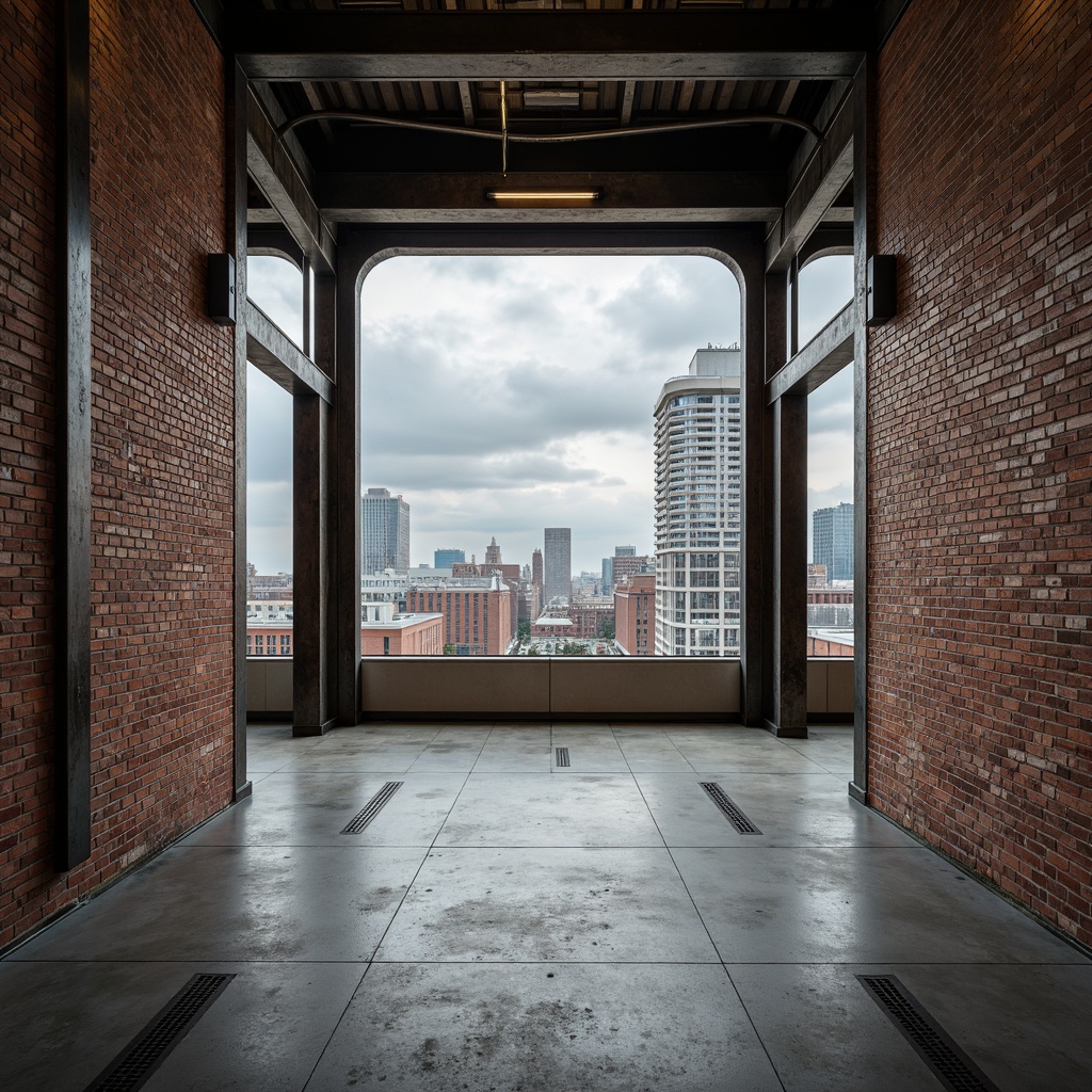 Prompt: Exposed brick walls, industrial metal beams, polished concrete floors, sleek metallic accents, Art Deco patterns, curved lines, minimal ornamentation, functional simplicity, urban cityscape, cloudy grey sky, dramatic shadowing, high-contrast lighting, shallow depth of field, 1/1 composition, cinematic framing, realistic rust textures, ambient occlusion.