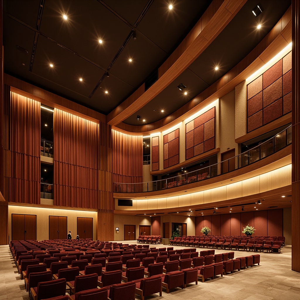 Prompt: Luxurious performing arts center, rich wood accents, velvety drapes, plush seating, acoustic panels with geometric patterns, warm neutral tones, subtle LED lighting, modern minimalist decor, sweeping curved lines, grand entranceways, polished marble floors, soft box seats, intimate stage settings, warm spotlights, shallow depth of field, 1/2 composition, realistic textures, ambient occlusion.