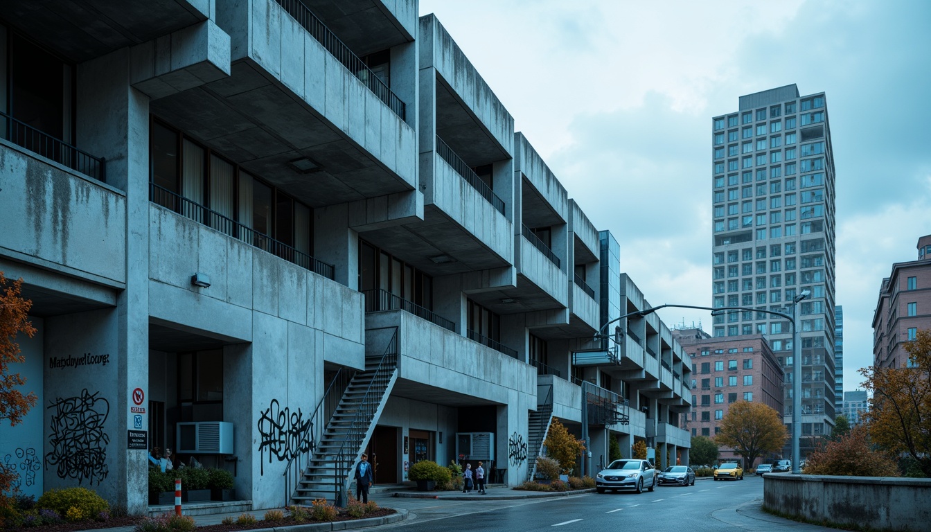 Prompt: Light blue concrete brutalist architecture, rugged textures, industrial materials, urban cityscape, overcast sky, dramatic shadows, bold geometric forms, minimalist decor, functional design, cold atmospheric lighting, high-contrast tones, monochromatic color scheme, exposed ductwork, raw metal accents, distressed finishes, abstract graffiti, urban decay, desaturated colors, cinematic composition, shallow depth of field, 2/3 aspect ratio.