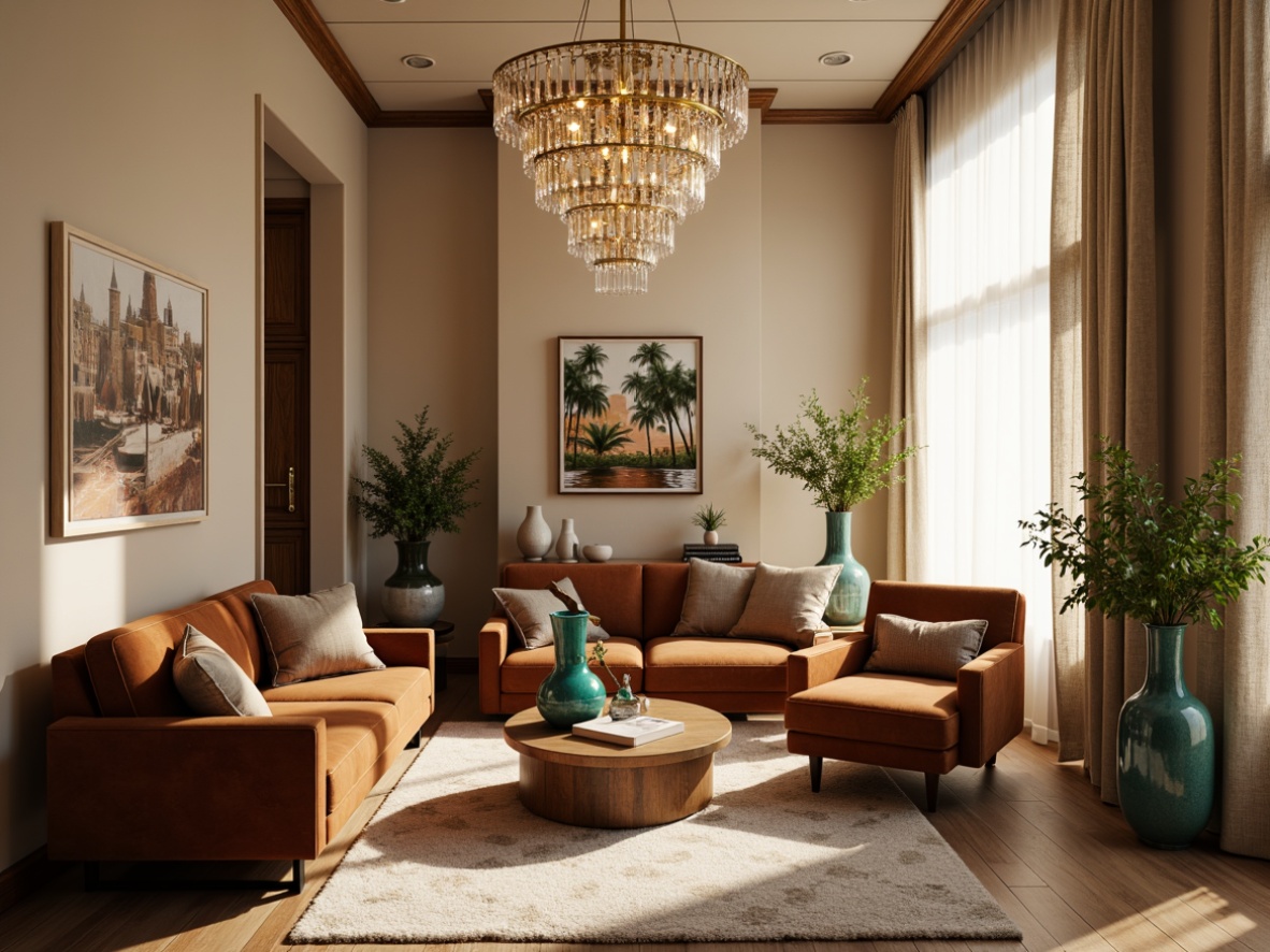 Prompt: Cozy living room, warm beige walls, rich walnut wood furniture, soft velvet upholstery, plush area rugs, golden metal accents, elegant crystal chandeliers, natural linen drapes, calming greenery, vibrant turquoise vases, subtle texture overlays, ambient warm lighting, shallow depth of field, 1/1 composition, realistic material reflections, soft focus blur.