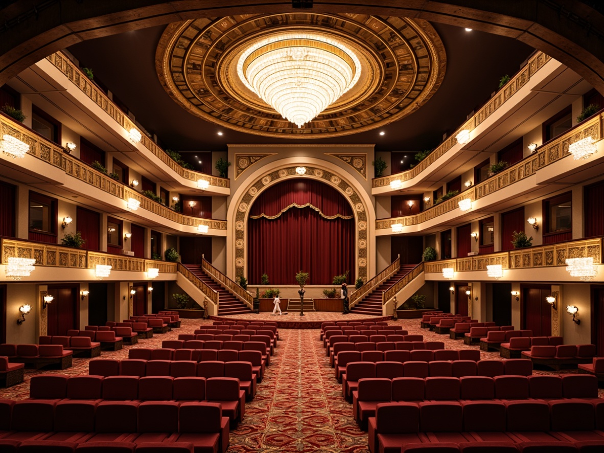 Prompt: Grand amphitheater, ornate Art Deco details, luxurious velvet seats, curved rows, stepped platforms, golden accents, intricate geometric patterns, lavish chandeliers, grandiose staircases, richly textured carpets, dramatic spotlights, warm ambient lighting, 1/1 composition, symmetrical framing, realistic reflections, high-contrast rendering.