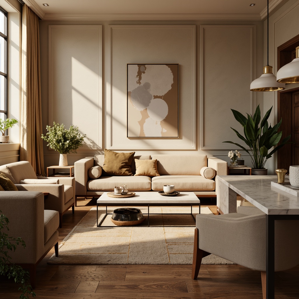 Prompt: Cozy living room, warm beige walls, rich walnut wood flooring, plush velvet sofas, soft golden lighting, creamy white marble countertops, matte black metal accents, lush greenery, natural textiles, calming atmosphere, warm neutral tones, earthy undertones, subtle contrast, 1/1 composition, realistic renderings, ambient occlusion.