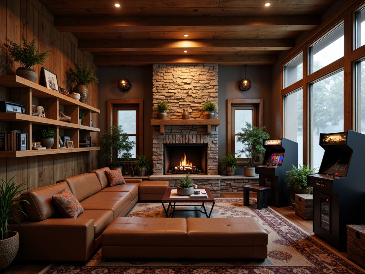 Prompt: Cozy rustic game room, wooden accents, earthy tones, plush couches, vintage arcade machines, retro gaming consoles, reclaimed wood shelves, stone fireplace, dim warm lighting, atmospheric fog, cinematic sound effects, shallow depth of field, 1/2 composition, low-angle shot, realistic textures, ambient occlusion.