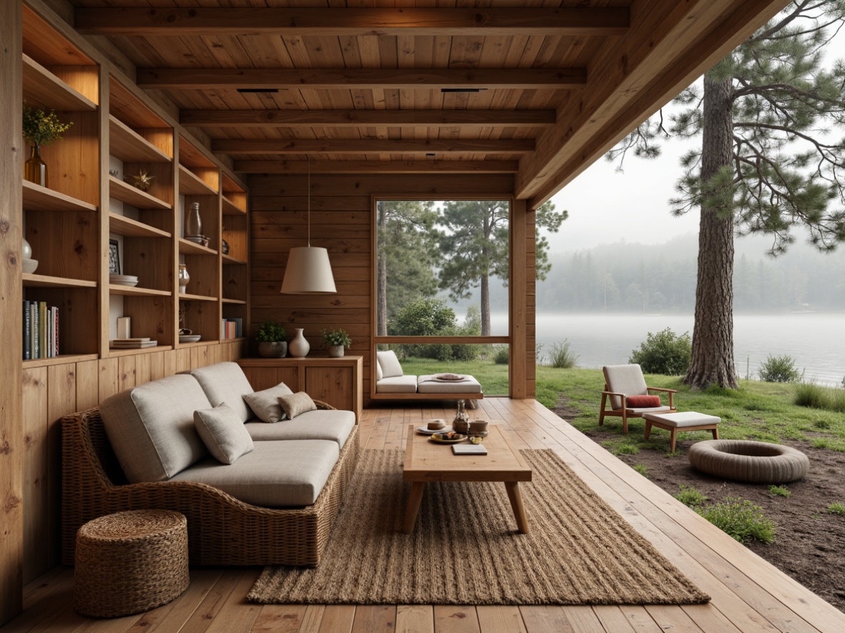 Prompt: Rustic wooden cabins, natural textures, earthy tones, organic shapes, pine wood accents, woven wicker furniture, jute rugs, linen upholstery, minimalist decor, Nordic-inspired color palette, soft warm lighting, cozy atmosphere, foggy morning, misty forest, serene lakeside, granite countertops, reclaimed wood walls, eco-friendly materials, sustainable design, nature-inspired patterns, earthy ceramics, handmade craftsmanship.