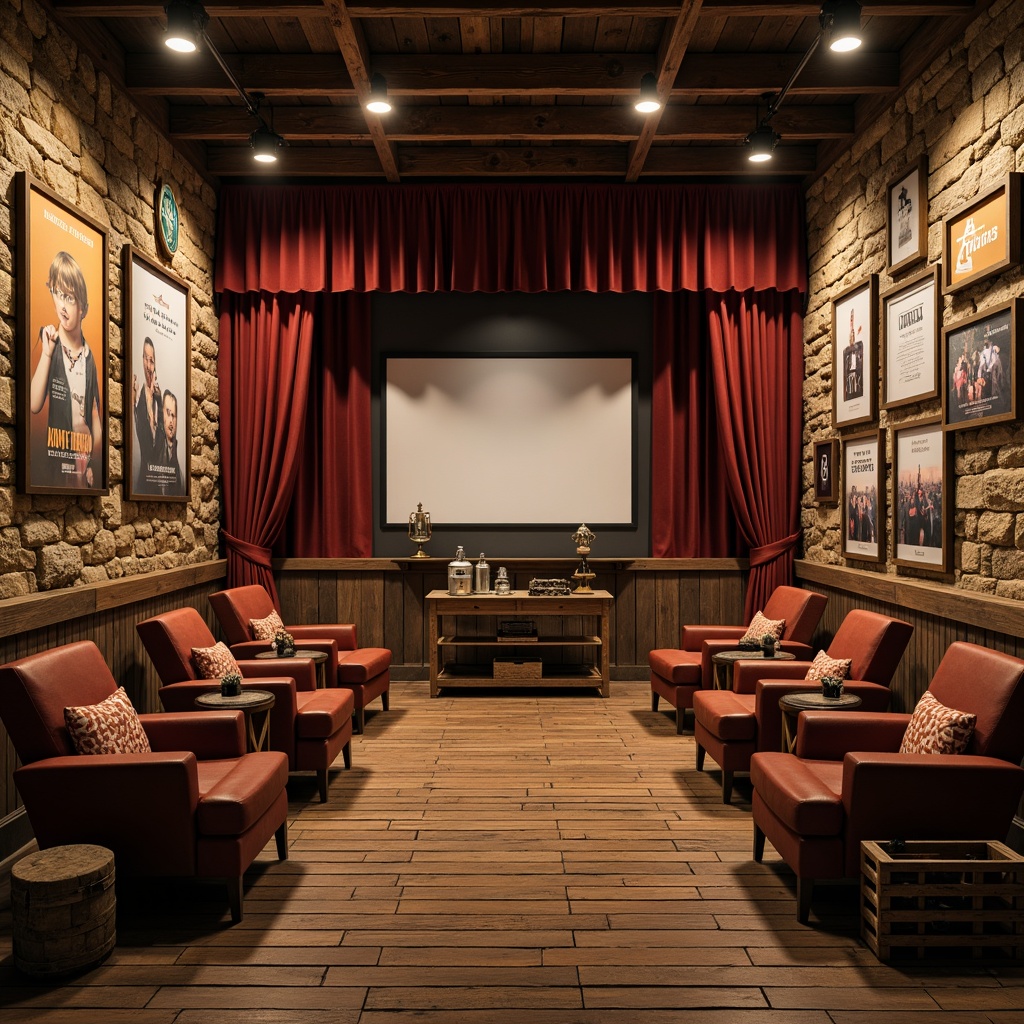 Prompt: Rustic cinema interior, distressed wooden accents, vintage film posters, warm cozy lighting, plush velvet curtains, worn leather armchairs, antique metal lanterns, earthy tone color palette, natural stone walls, reclaimed wood flooring, industrial metal beams, rustic wooden crates, old cameras display, director's chairs, cinematic spotlights, softbox lighting, 1/2 composition, shallow depth of field, realistic textures, ambient occlusion.