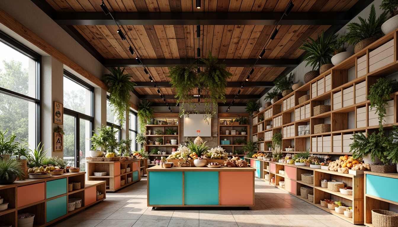 Prompt: Vibrant market scene, warm neutral tones, earthy brown wooden crates, rich turquoise accents, soft peach pastels, creamy whites, industrial metal beams, reclaimed wood shelves, natural stone flooring, lush greenery, modern track lighting, shallow depth of field, 1/2 composition, softbox lighting, realistic textures, ambient occlusion.