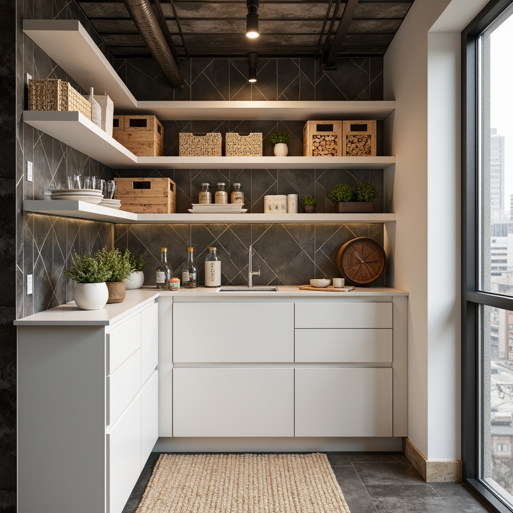 Prompt: Modern pantry interior, sleek shelving units, glossy white finishes, metallic accents, geometric patterns, recessed lighting, minimalist design, open storage, decorative baskets, wooden crates, glass jars, industrial-style pipes, urban loft atmosphere, warm neutral colors, matte black hardware, subtle textures, shallow depth of field, 1/1 composition, realistic reflections.