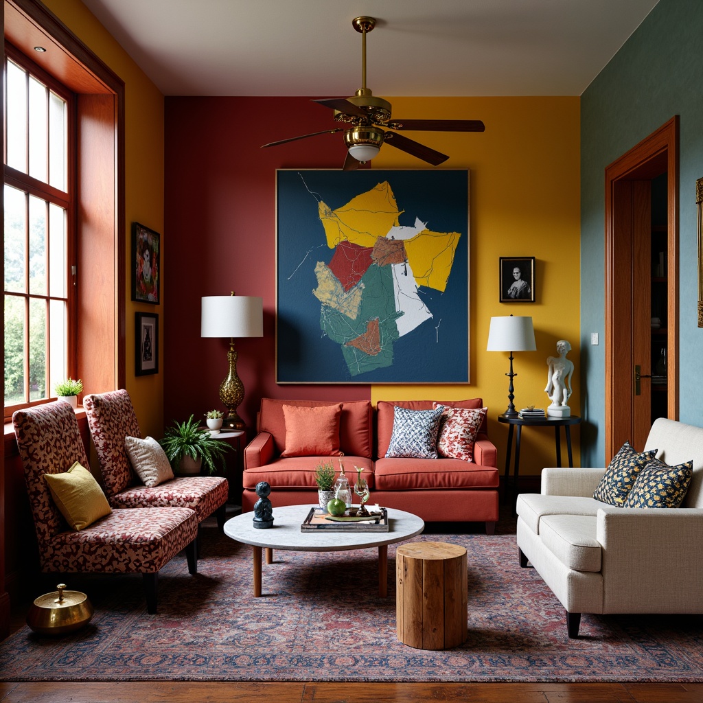 Prompt: Eclectic living room, bold color schemes, irregular shapes, ornate patterns, mixed materials, vintage furniture pieces, abstract art decor, playful sculptures, oversized lamps, curvaceous lines, fragmented forms, clashing textures, rich upholstery, avant-garde accessories, whimsical centerpieces, dynamic lighting effects, high-contrast colors, 1/1 composition, close-up shots, shallow depth of field, realistic reflections.