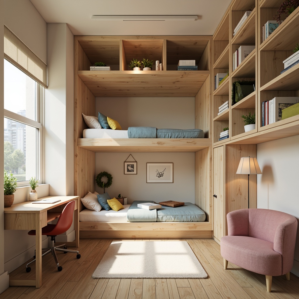 Prompt: Compact student dormitory, minimalist decor, functional furniture layout, space-saving beds, built-in desks, ergonomic chairs, adjustable shelving units, cozy reading nooks, natural wood tones, soft pastel colors, ample storage solutions, clutter-free environment, efficient use of vertical space, modern Scandinavian design, warm task lighting, 1/2 composition, shallow depth of field, realistic textures.