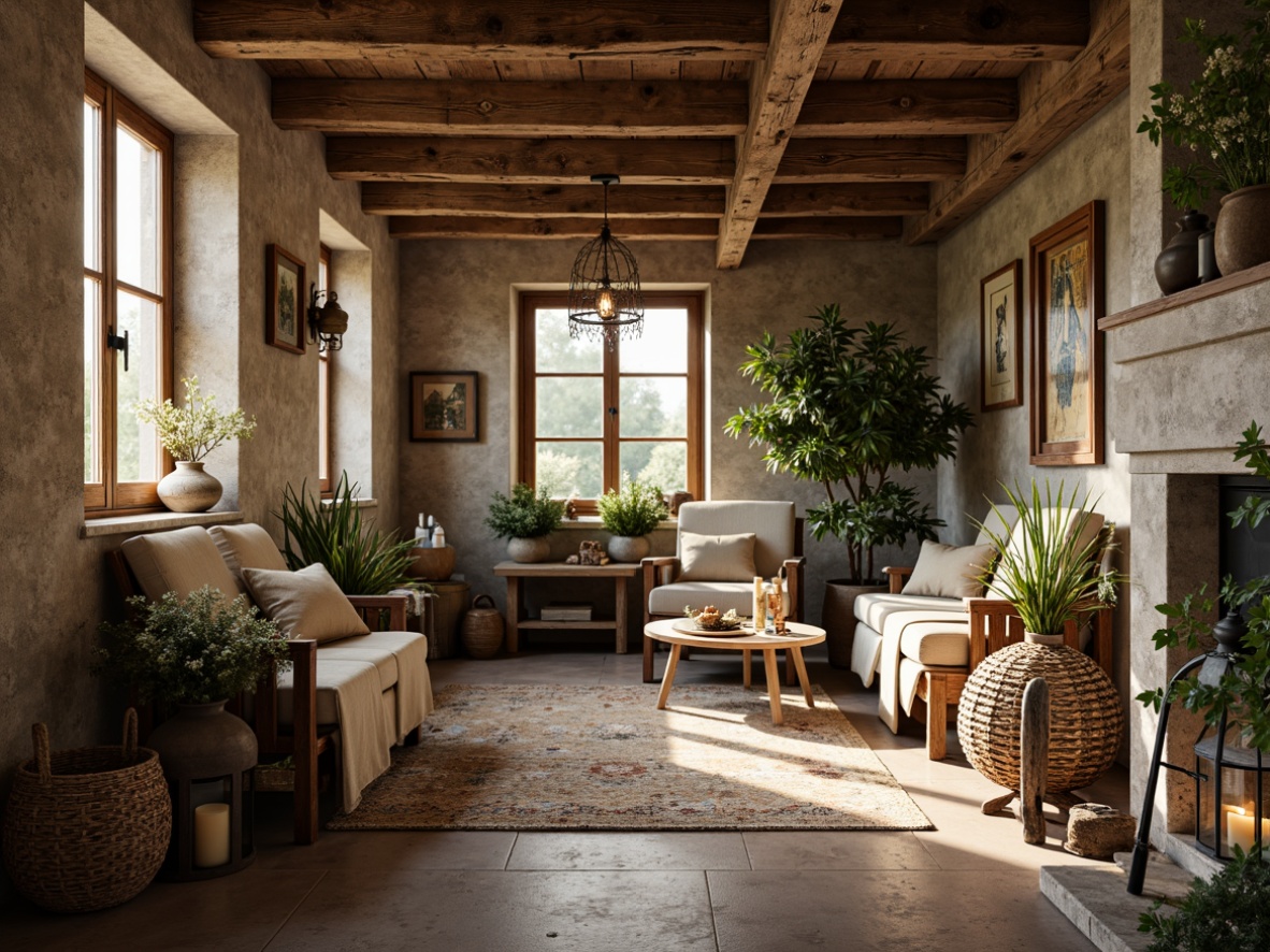 Prompt: Rustic stone walls, distressed wood beams, vintage metal lanterns, soft candlelight, warm earthy tones, natural linen fabrics, woven baskets, antique furniture pieces, ornate ironwork details, lush greenery, overflowing flower arrangements, soft sunlight filtering through wooden shutters, shallow depth of field, 1/1 composition, warm color palette, realistic textures, ambient occlusion.