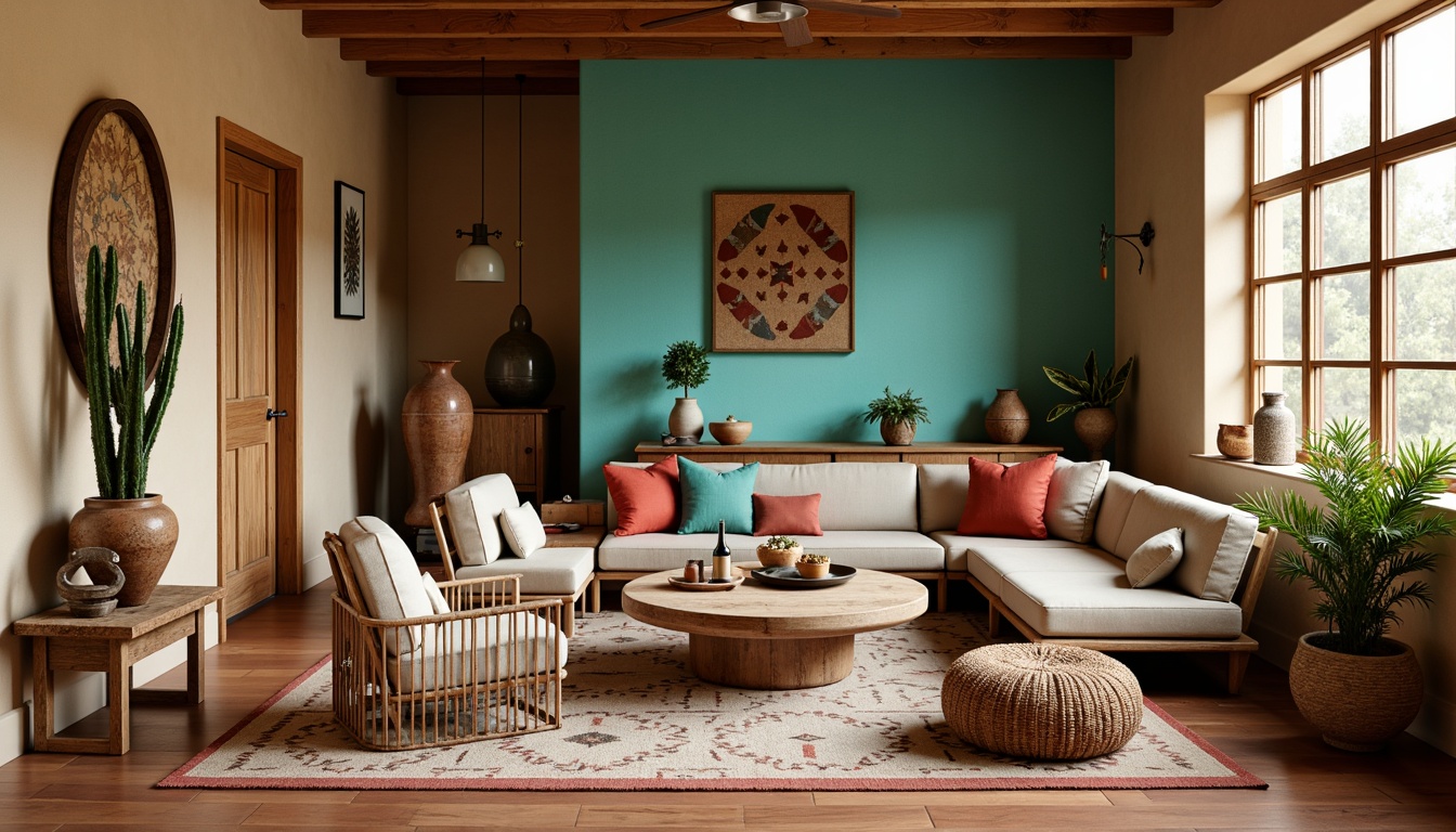 Prompt: Vibrant turquoise accents, warm sandy beige walls, rich terracotta reds, soft sage greens, weathered wooden furniture, rustic metal decor, natural linen textiles, woven baskets, earthy ceramics, desert botanical patterns, geometric Navajo-inspired rugs, cozy candlelit ambiance, warm golden lighting, shallow depth of field, 1/1 composition, realistic textures, ambient occlusion.