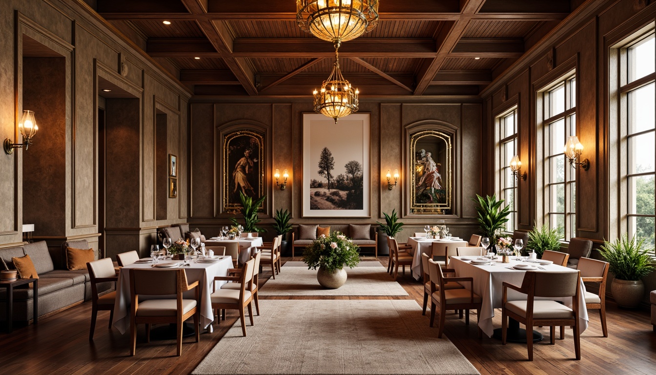 Prompt: Luxurious dining hall, rich wood textures, ornate chandeliers, velvety soft furnishings, metallic accents, intricate stone carvings, lavish fabrics, warm golden lighting, elegant table settings, refined ceramics, sophisticated glassware, rustic wooden floors, modern minimalist chairs, plush area rugs, subtle patterned wallpapers, airy high ceilings, expansive windows, natural daylight, gentle shadows, 1/2 composition, soft focus, realistic render.