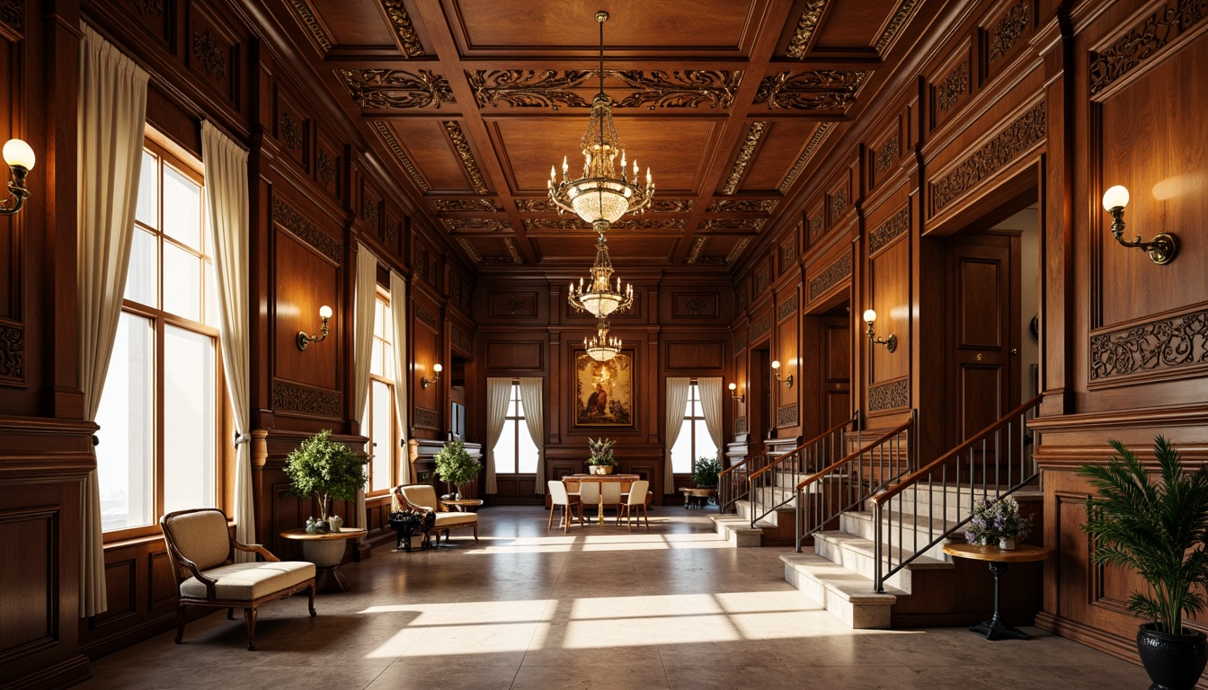 Prompt: Traditional wooden halls, ornate carvings, luxurious fabrics, antique furnishings, refined chandeliers, polished marble floors, intricate wooden paneling, grand staircases, majestic high ceilings, warm golden lighting, soft focus, shallow depth of field, 2/3 composition, classic oil painting-inspired textures, subtle ambient occlusion.