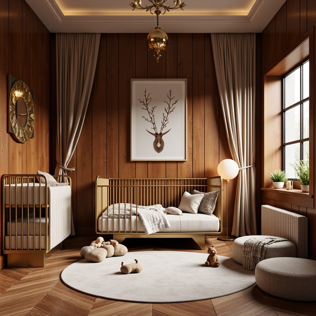 Prompt: Luxurious nursery, rich wood tones, ornate cribs, velvet drapes, metallic accents, geometrical patterns, chevron flooring, plush area rugs, Art Deco inspired furniture, curved lines, minimalist toys, soft pastel colors, warm golden lighting, shallow depth of field, 1/2 composition, intimate atmosphere, elegant wall art, sophisticated textiles, luxurious fabrics.