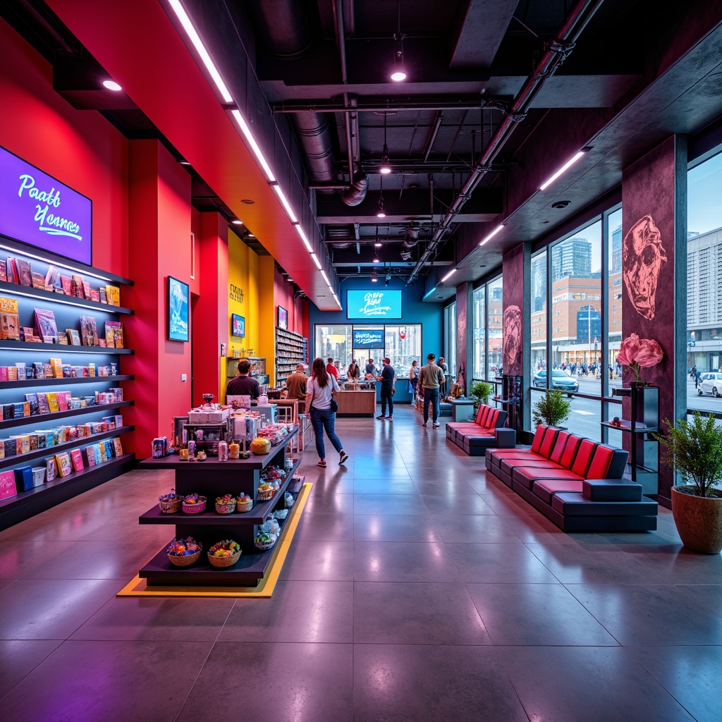 Prompt: Vibrant retail space, bold color palette, neon signs, sleek modern shelves, metallic accents, glass displays, LED lighting, bright open atmosphere, urban cityscape, daytime setting, shallow depth of field, 1/1 composition, realistic textures, ambient occlusion.